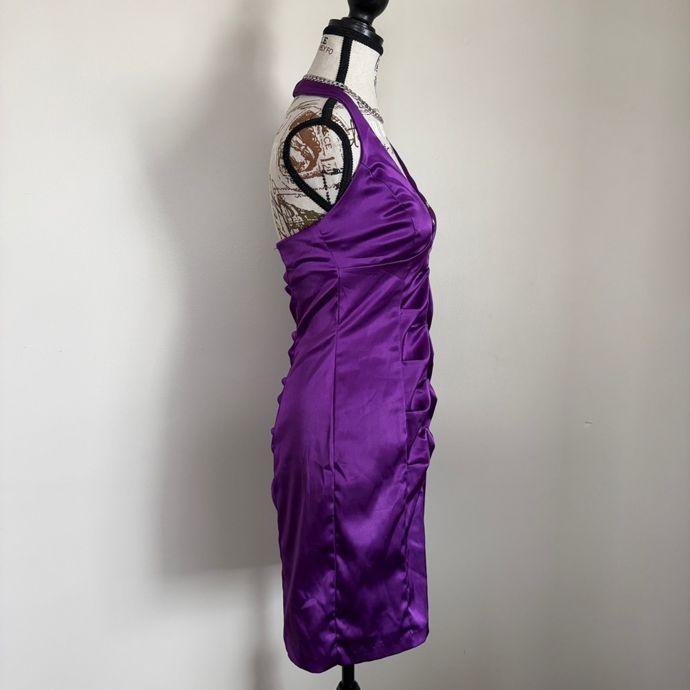 Vintage 90s Purple Ruched Halter Mini Dress Rhinestone Glam Prom Party - Picture 6 of 11